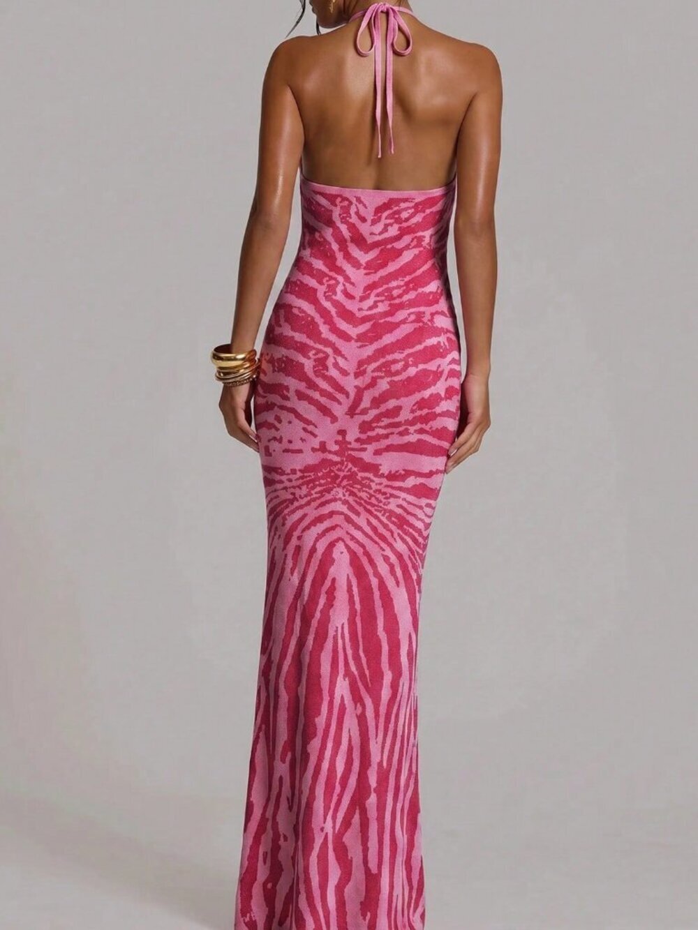 Pink Sexy Women's Fitted Knit Halterneck Maxi Dress - Picture 2 of 6
